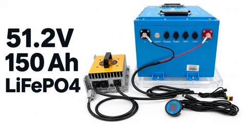 51.2V 150Ah LiFePO4 Battery Kit with Charger and Display